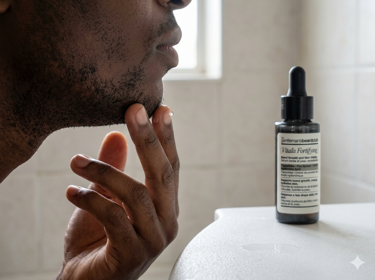 Vitalis Fortifying Beard Growth Serum being applied to the jawline