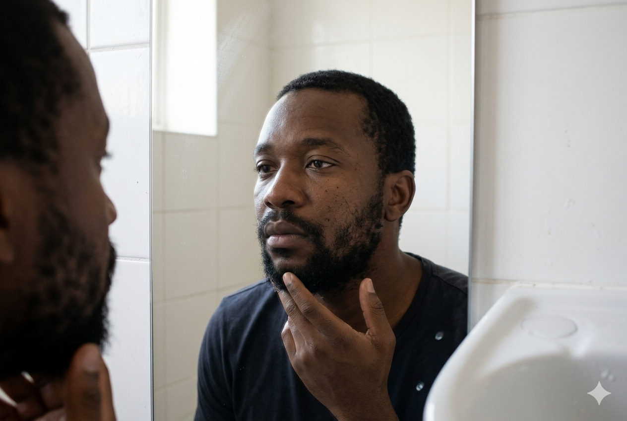 A young man examining his patchy beard in a bathroom mirror, soft morning light